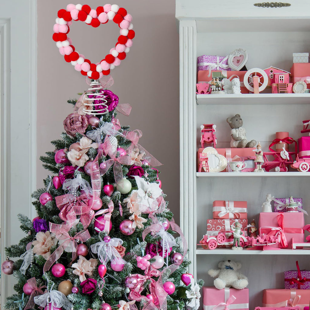 Sotiff 10 Inch Valentine's Day Heart Pom Pom Tree Topper Ornament Love Topper Red Pink Wool Felt Ball Double-Sided Decor for Valentine Holiday Wedding Home Birthday Party Supplies Gift