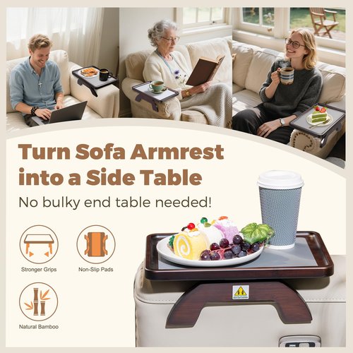 Tomlyop Couch Armrest Table, Foldable Bamboo Sofa Arm Tray for Couch with a Non-Slip Pad, Clip On Couch Arm Table for Remotes/Eatting/Drinks, Fits Sofa Armrest 3.5"-13.5" Brown