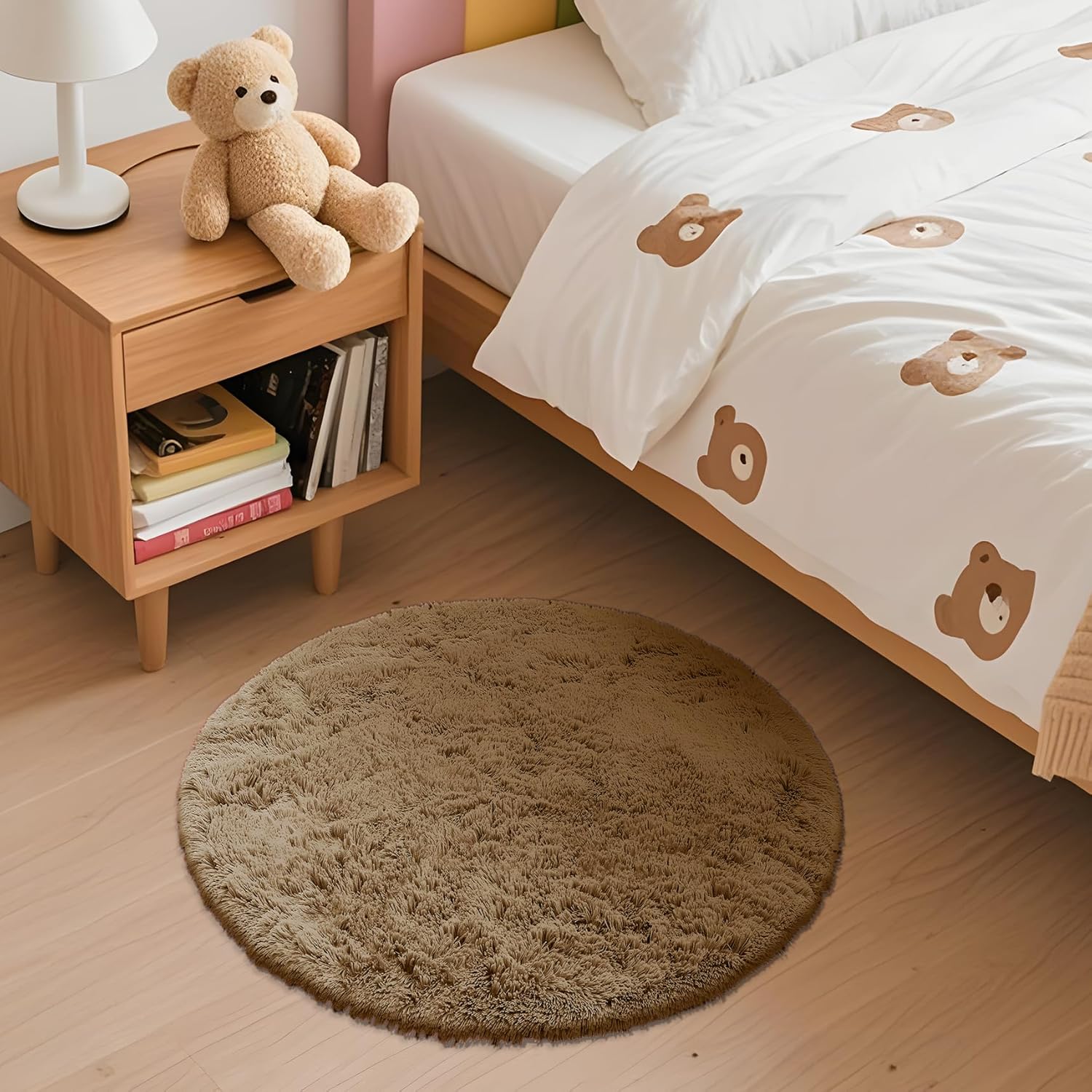 OLANLY Taupe Round Area Rug - Soft, Fluffy, Machine Washable 2 ft Circle Carpet for Bedroom & Nursery Decor