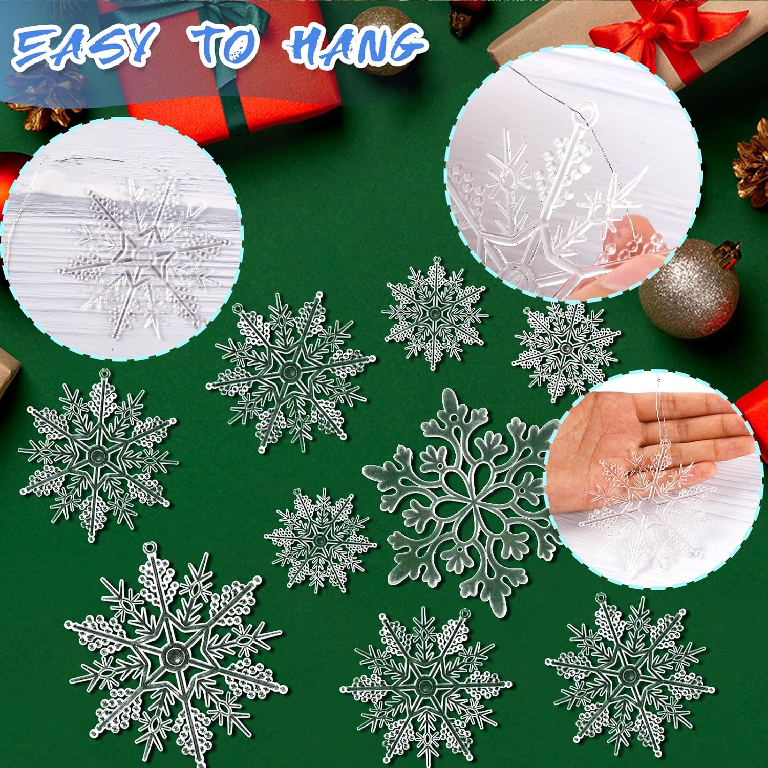 Skiennix Snowflake Ornaments - 36Pcs Clear Plastic Hanging Decorations for Winter Wonderland Decor