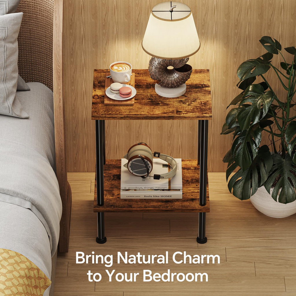 Simple Trending Side Table, Small End Table Living Room, Nightstand with 2 Tier Storage Shelves, Rustic Brown