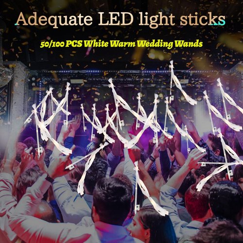 50 PCS Wedding Wands with Ribbons & Bells, Romantic Sparkle with Three Light Modes, Light up Wands for Wedding Send off, New Year, Birthday Party, Parties, and Celebrations