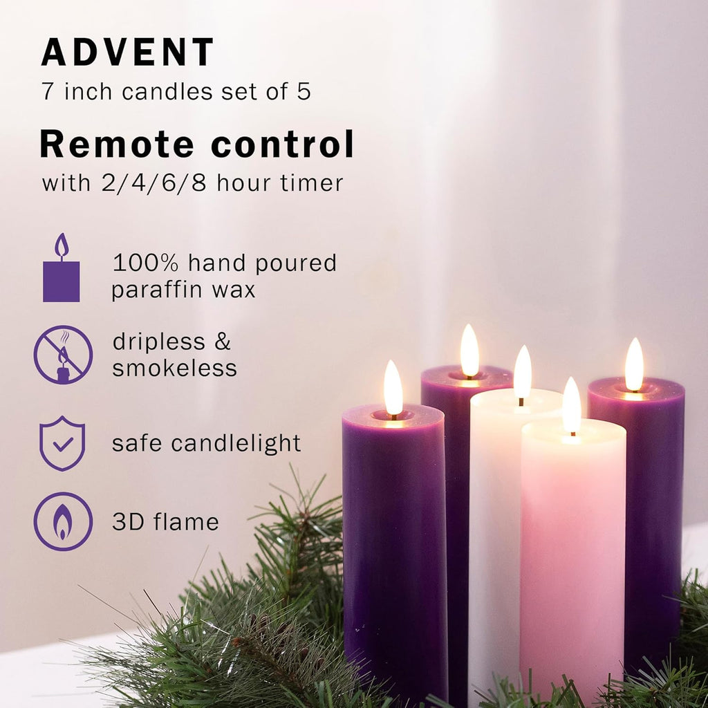Stmarry Advent Candles Set - Battery Operated Flameless Pillar Candles with Remote & Timer | 2x7 Pink & Purple
