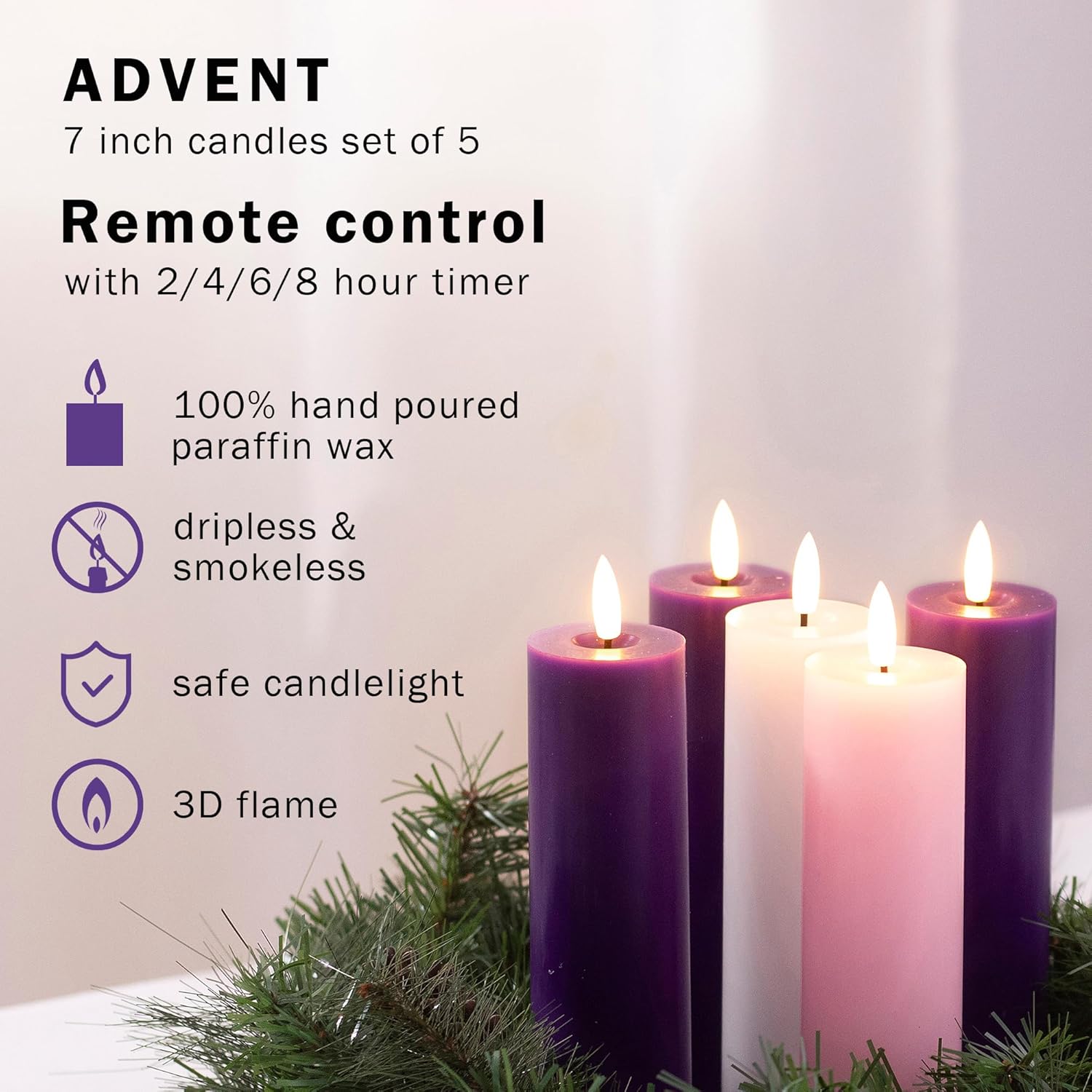 Stmarry Advent Candles Set - Battery Operated Flameless Pillar Candles with Remote & Timer | 2x7 Pink & Purple