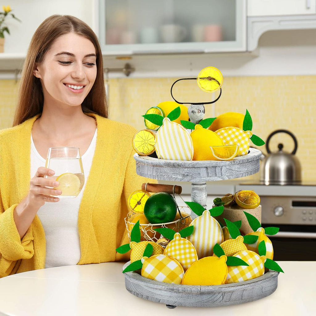 Patelai Lemon Tiered Tray Decor - 12 Pcs Stuffed Fabric Lemon Decorations | 5 Inch Rustic Kitchen Accents