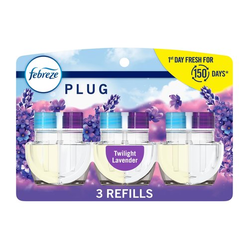 Febreze Plug In Air Freshener, Odor-Fighting Scented Oil Refill, Air Fresheners for Home and Bathroom and Kitchen, Long Lasting for Strong Odors, Twilight Lavender Scent, 0.87oz Refills, 3 Count