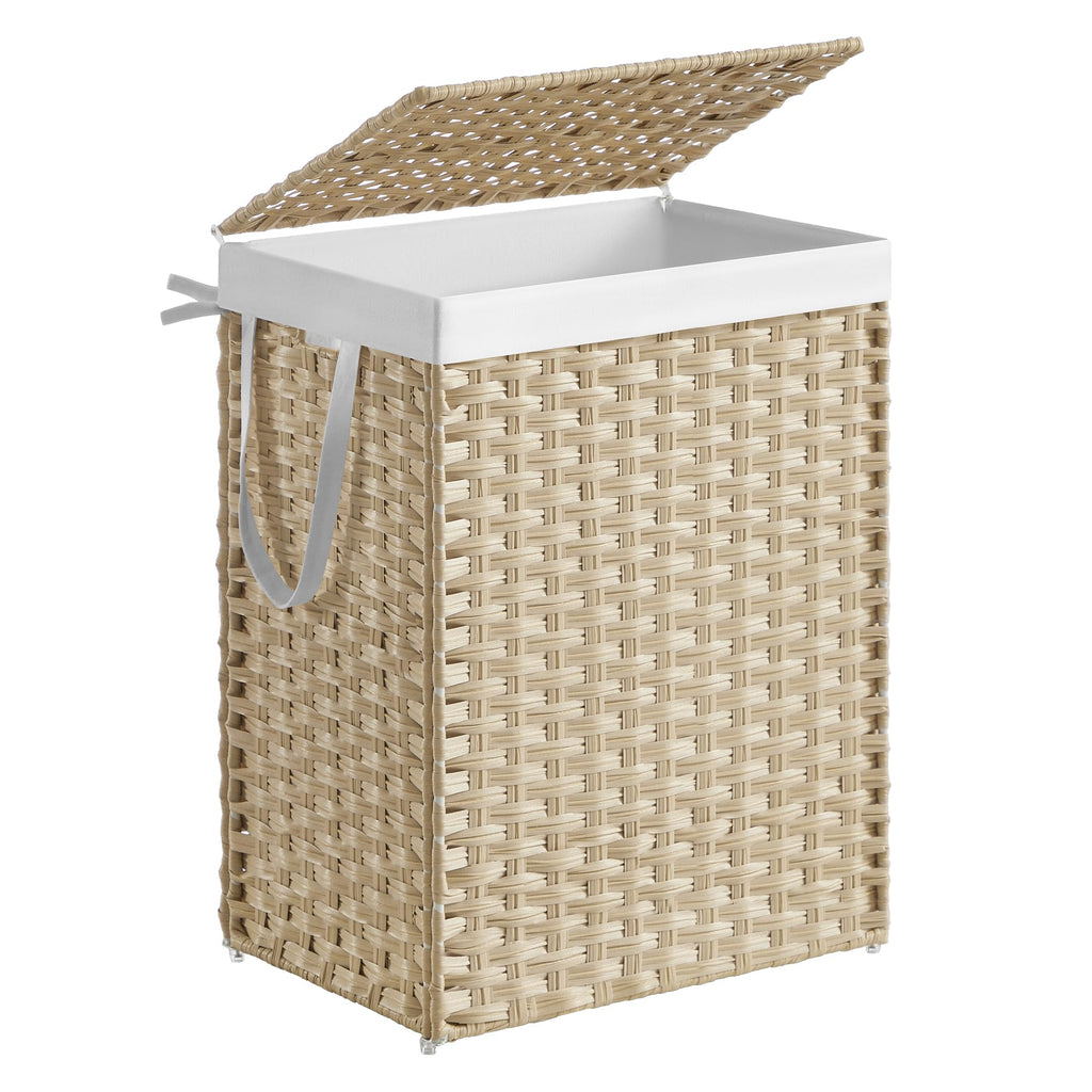 SONGMICS Laundry Hamper with Lid, 23.8 Gallon (90L) Synthetic Rattan Clothes Laundry Basket with Lid and Handles, Foldable, Removable Liner, Summer Sand ULCB051LZ01