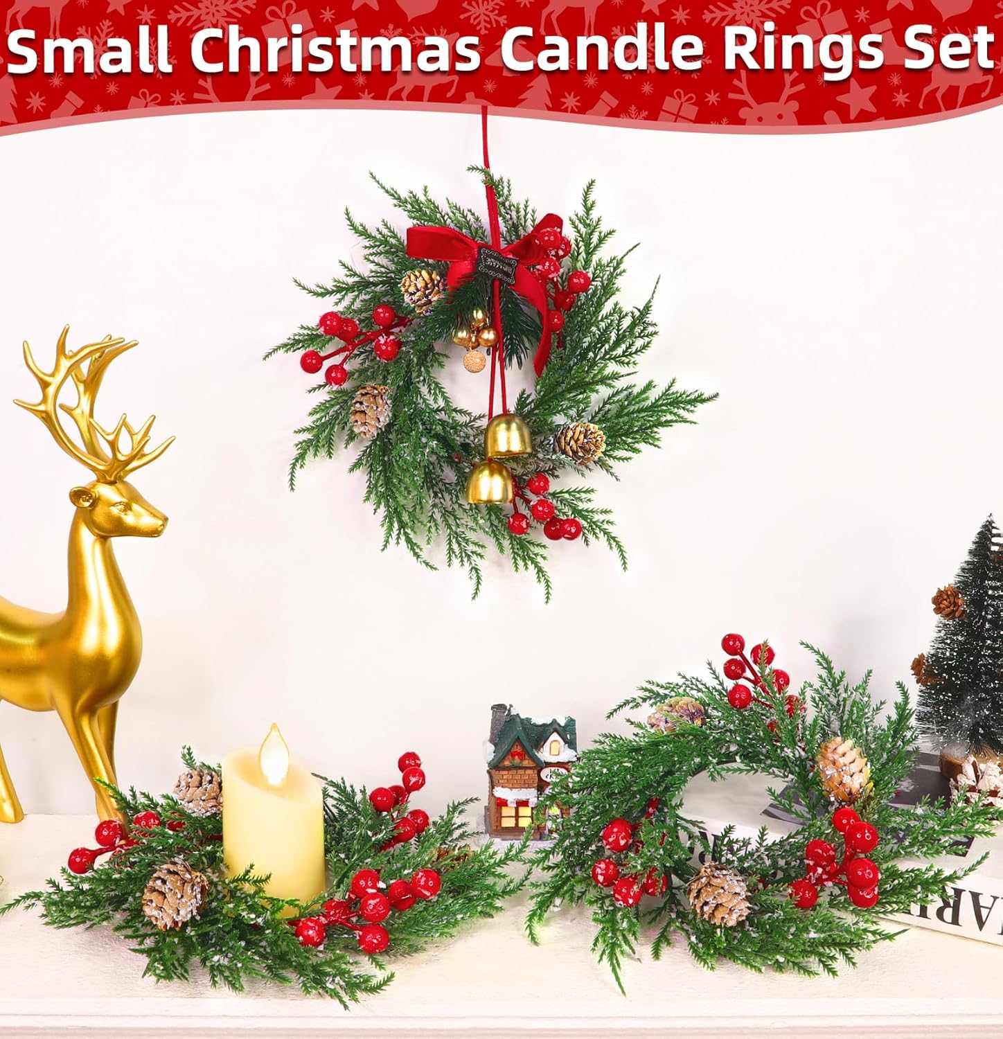 Skiennix Mini Christmas Wreath Candle Rings - 4 Pack Snowy Cypress Decor | 9"x3.5" with 20 Branches, 21 Red Berries & 3 Pinecones