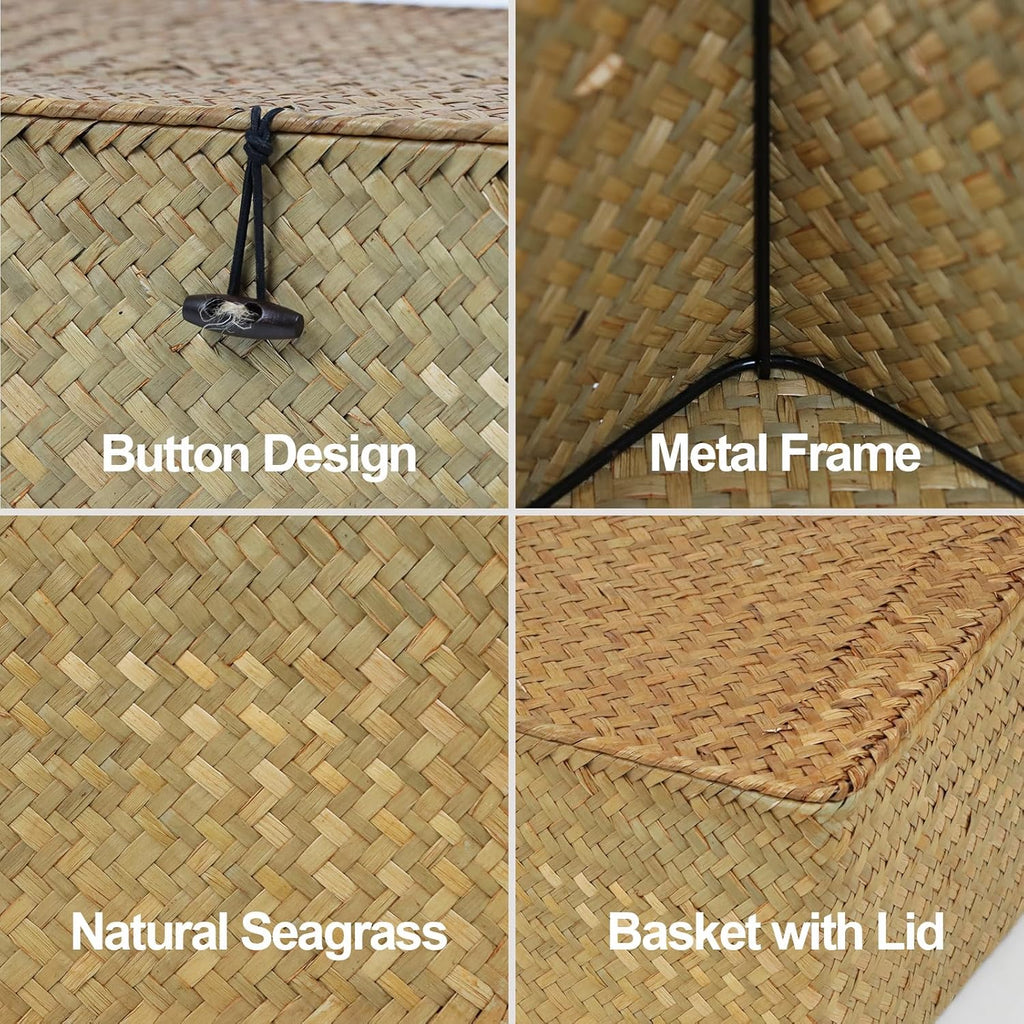 Wicker Storage Basket - Natural Seagrass Organizer with Lid | Rectangular Decorative Bin for Home