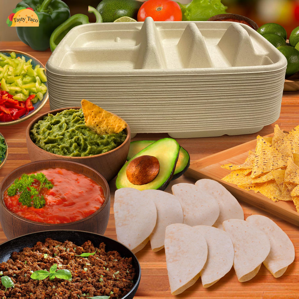 Disposable Taco Plates for 2 Tacos & 2 Sides – 25 PACK | Premium Paper Plates with Dividers, Fiesta Taco Holder, Taco Stand for Taco Tuesday & Taco Bar Serving Set Taco Plates (25 Plates) (Beige)