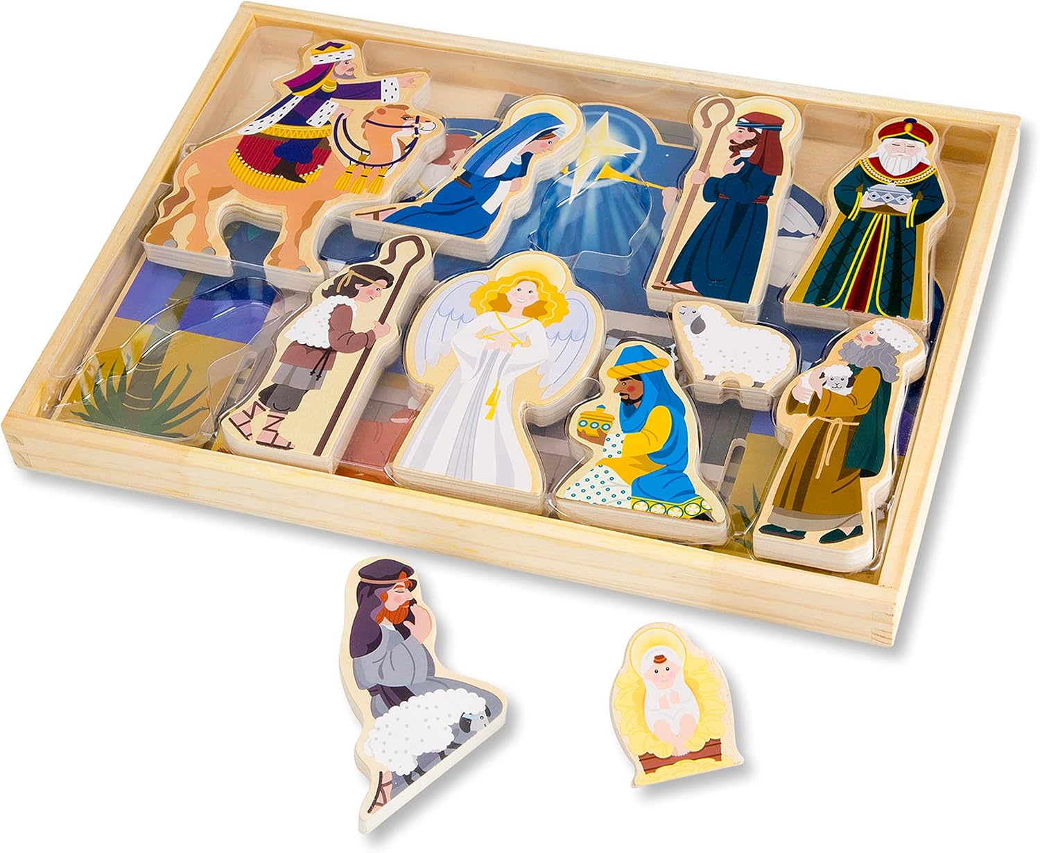 Melissa & Doug Classic Wooden Nativity Set - 11 Figures with 4-Piece Stable for Holiday Decor