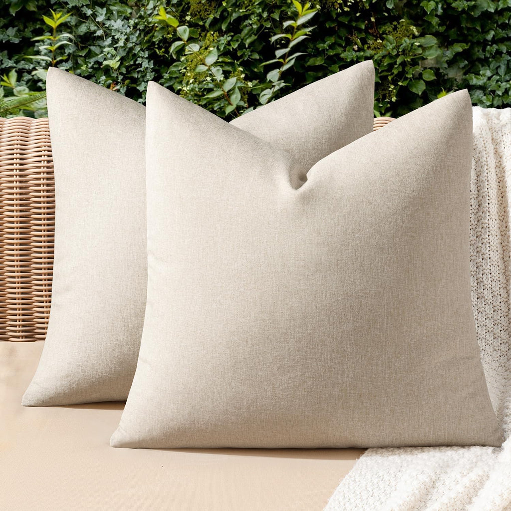 MIULEE Decorative Outdoor Throw Pillow Covers - Waterproof Faux Linen Cushion Cases | 20x20 Inch Beige (Pack of 2)