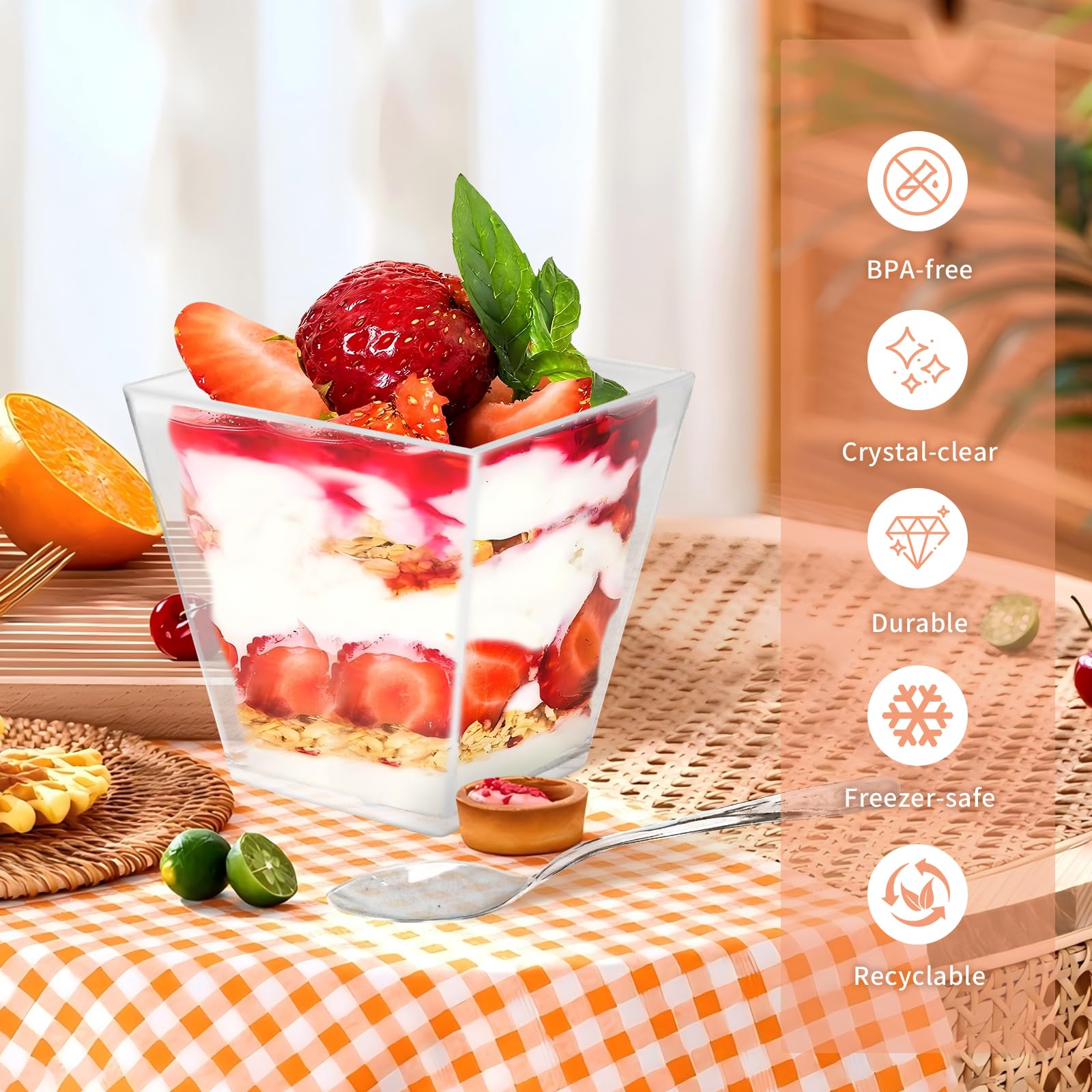 piopiocoing 50 Pack 3.5 oz Clear Plastic Square Dessert Cups with Spoons，Mini Disposable Parfait Cups for Yogurt, Ice Cream and Tasting，Serving Cups for Appetizer，Pudding，Party (3.5 oz)