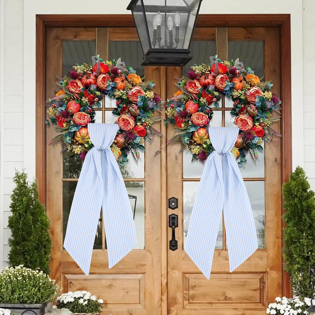 Skiennix 2 Pack Wreath Sash - Blue Stripe Design for Monogram Embroidery | 5'' W x 54'' L Front Door Decor