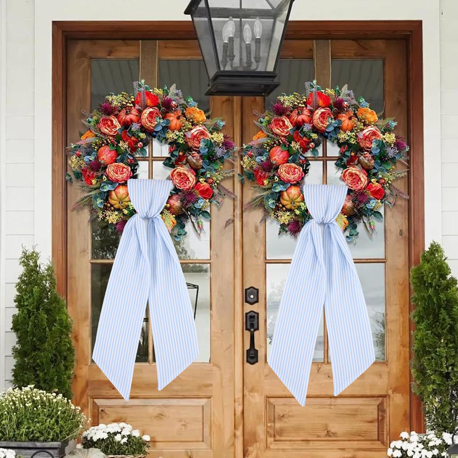 Skiennix 2 Pack Wreath Sash - Blue Stripe Design for Monogram Embroidery | 5'' W x 54'' L Front Door Decor