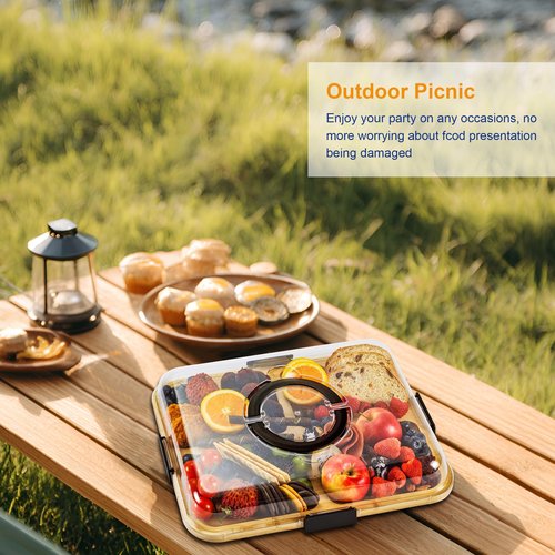 Charcuterie Board with Clear Lid, Portable Cheese Board with Dust-Proof Cover, Reversible Bamboo Cutting Board & Snack Tray, Easy-Open Latches for Picnics, Parties, Housewarming Gifts (6 Compartments)