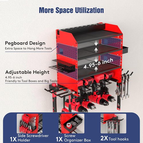Heavy Duty Power Tool Organizer by [Brand Name] - Wall Mount with Charging Station & Adjustable Shelves | Holds 4 Drills, 2 Hooks