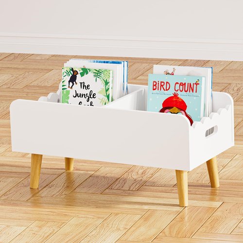 GRANTLEY Montessori Kids Bookshelf for Toddler - Wooden Book Shelf with Toy Storage for Kids Rooms, Floor Book Case for Nursery with Dividers（White）