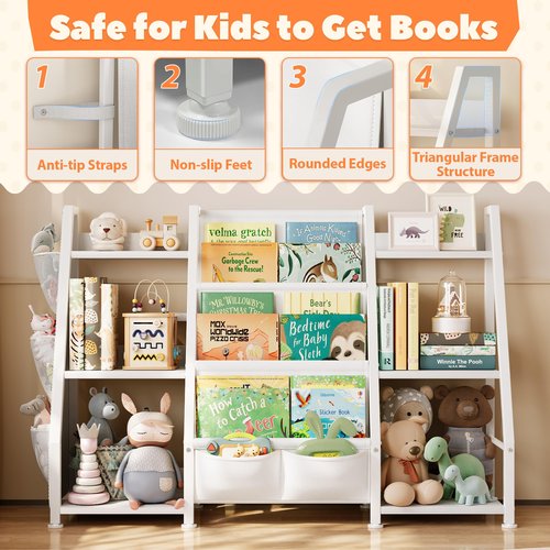 GoTiling Kids Bookshelf and Toy Storage Organizer, Triangle Frame with Extra Wide 3-Tier Sling Pockets, Freestanding Montessori Book Display Rack for Toddler Room, Nursery, and Playroom, White
