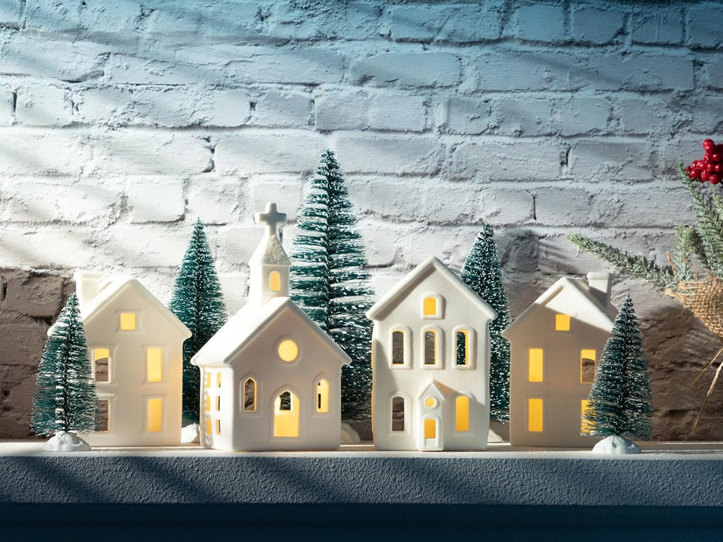 Skiennix 9-Pc Christmas Village Figurines Set - Lighted Ceramic Houses & Trees | Rustic Holiday Decor