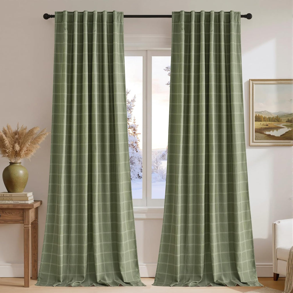 NICETOWN Buffalo Plaid Blackout Curtain Panels - Thermal Insulated 84" Length, Moss Green, 52" W x 84" L