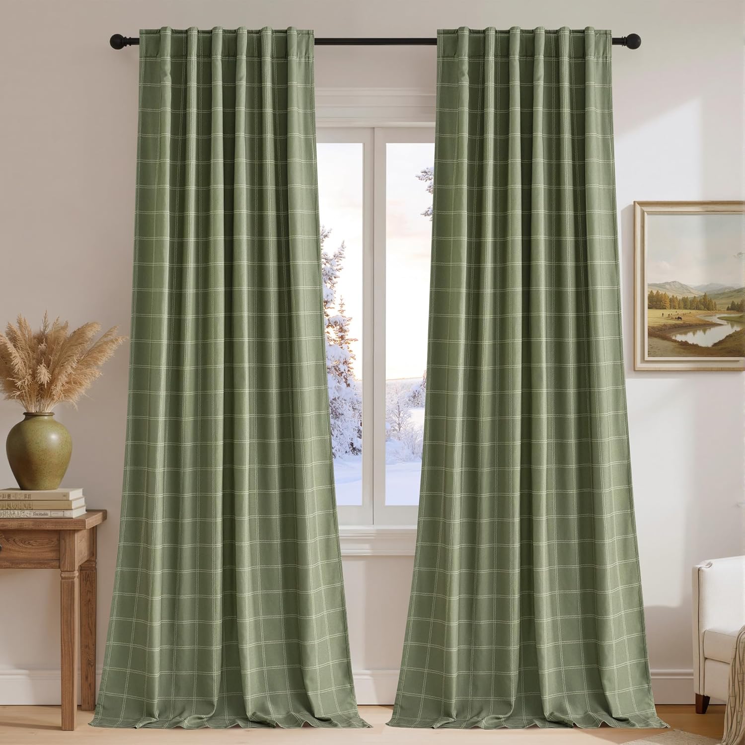 NICETOWN Buffalo Plaid Blackout Curtain Panels - Thermal Insulated 84" Length, Moss Green, 52" W x 84" L