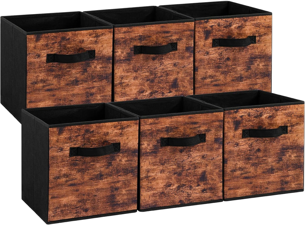 Stero Fabric Storage Cubes - 6 Pack Foldable Bins with Handles | 13 Inch Rustic Brown & Black Organizer