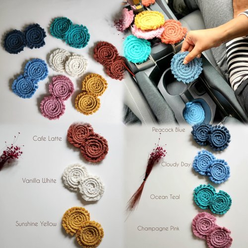 Cotton Car Coasters for Cup Holders, 2PC Car Cup Coasters, Drink Coaster Holder, Cute cupholder Coaster Accessories for Women, Macrame, Boho(Champagne Pink)