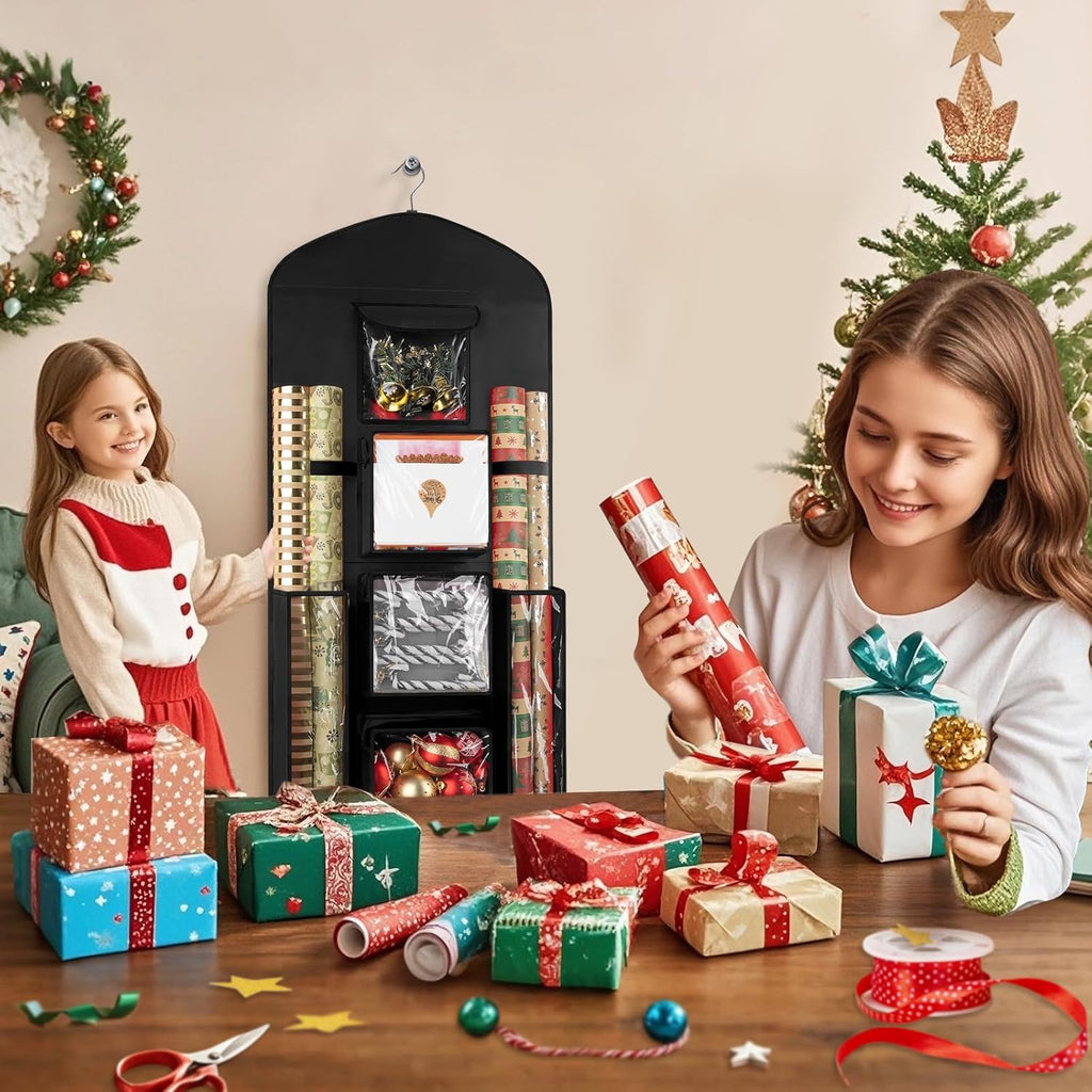 Woodoulogy Gift Wrapping Paper Storage - 40"X17" Double-Sided Black Organizer for Closet & Cabinet