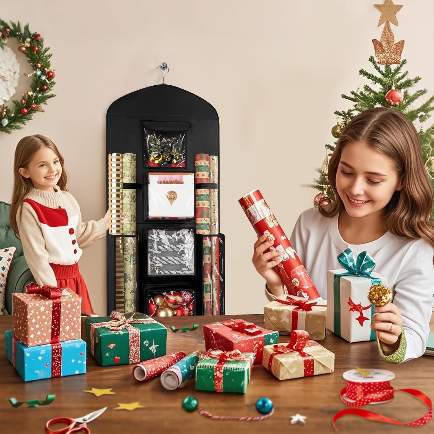 Woodoulogy Gift Wrapping Paper Storage - 40"X17" Double-Sided Black Organizer for Closet & Cabinet