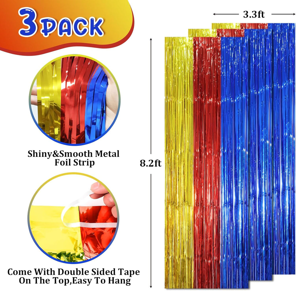 Voircoloria Fringe Backdrop Curtains - 3 Pack Tinsel Streamers in Blue, Red & Gold | 3.3 x 8.2 ft Party Decorations