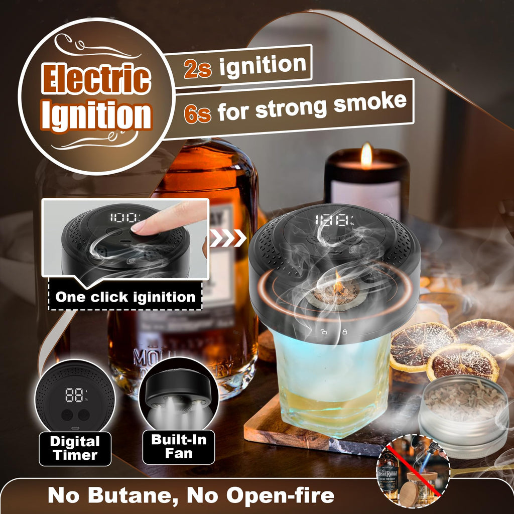 Electric Whiskey Smoker Kit With Light Modes, No Butane Needed, Rechargeable Cocktail Smoker Kit with LED Display & 6 Wood Chips, Old Fashioned Smoker Kit Bourbon Gifts for Men Dad Him