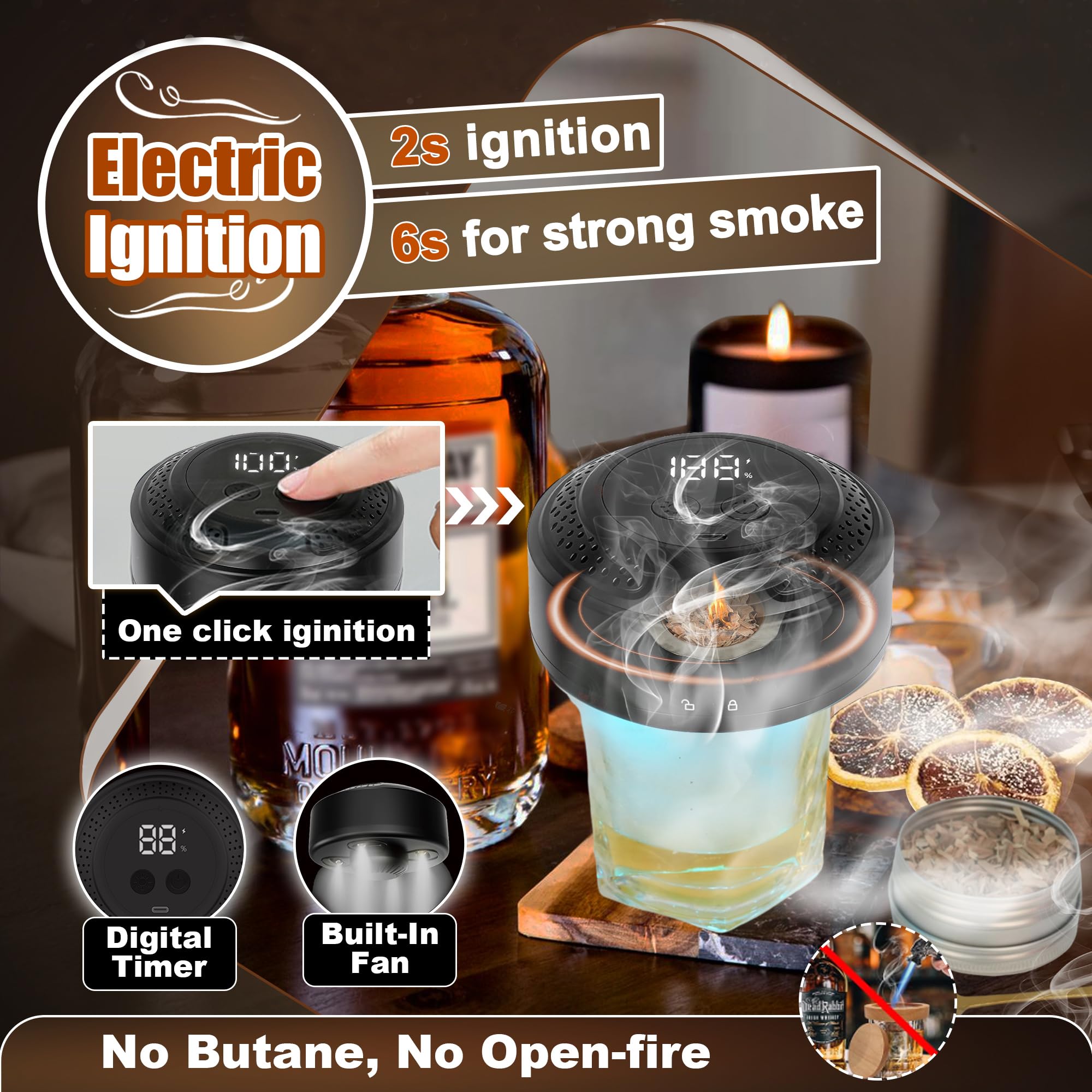 Electric Whiskey Smoker Kit With Light Modes, No Butane Needed, Rechargeable Cocktail Smoker Kit with LED Display & 6 Wood Chips, Old Fashioned Smoker Kit Bourbon Gifts for Men Dad Him