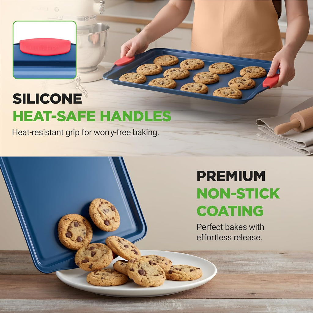 NutriChef Nonstick 3-Piece Baking Pans Set - Durable Carbon Steel Bakeware with Blue Coating & Red Silicone Handles