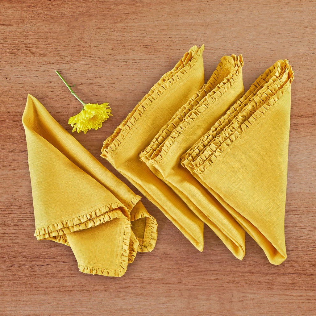 Solino Home Mustard Yellow Linen Dinner Napkins 20 x 20 Inch - 100% Pure Linen Juliette Ruffle Cloth Napkins Set of 4 for Spring, Summer, Mothers Day - Handcrafted and Machine Washable