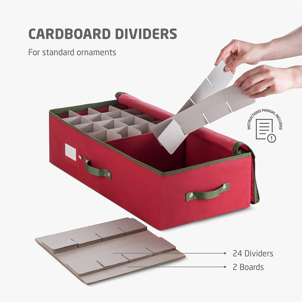 ZOBER Ornament Storage Box - Holds 64 3" Ornaments with Dividers - Durable Tear-Proof 600D Oxford Fabric | Red