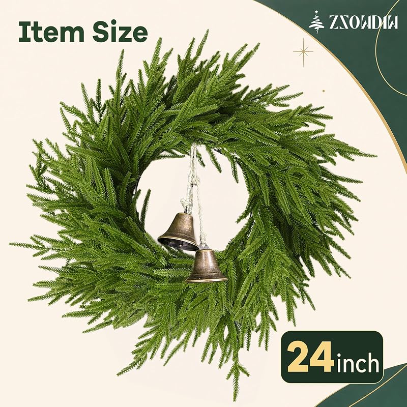 Decorated 2PACK 24-Inch Norfolk Pine Wreaths with Bells for Front Doors
