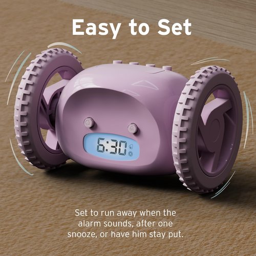 CLOCKY Alarm Clock on Wheels – Loud Rolling Alarm Clock for Heavy Sleepers | Runaway Clock that Jumps & Runs to Wake You Up | Funny Unique Gift for Adults & Teens (Lavender)
