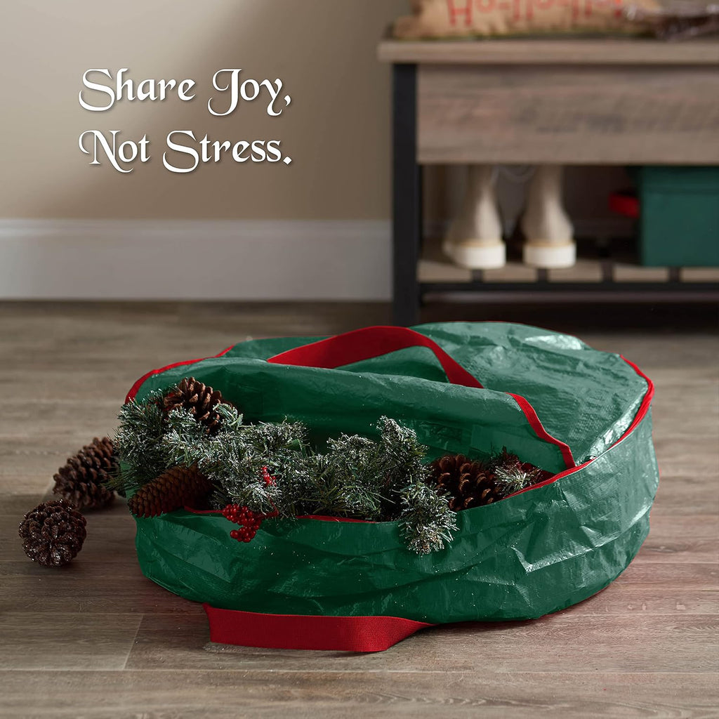 ZOBER Wreath Storage Bag - 30 Inch Durable Container for Artificial Wreaths - Dual Zipper & Strong Handles - Green