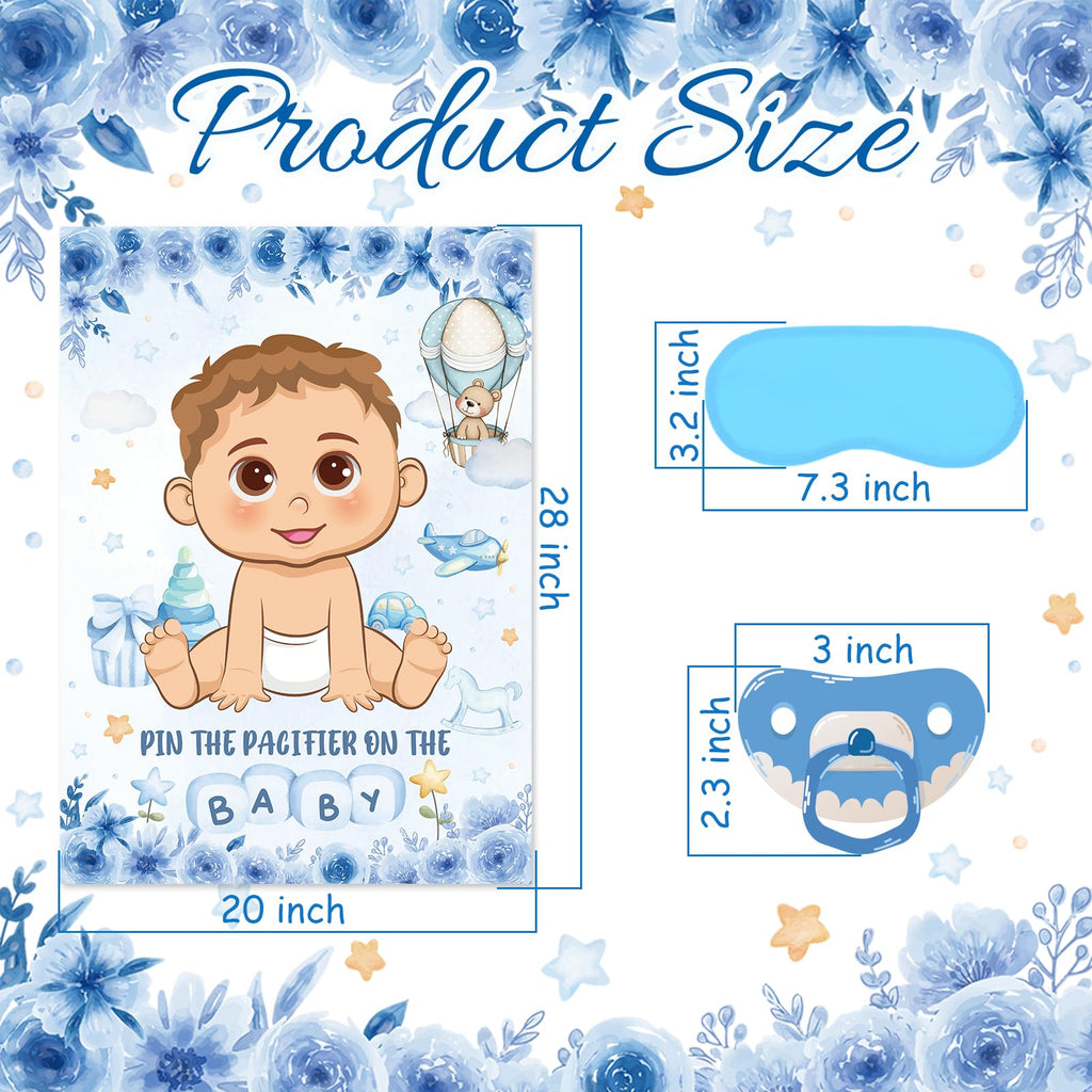Pin The Pacifier On The Baby Game, Blue Baby Shower Decoration Pin Pacifier on Baby Poster Game with Poster 48 Pacifier Stickers Blindfold Game for Blue Bear Baby Shower Birthday Party Decorations