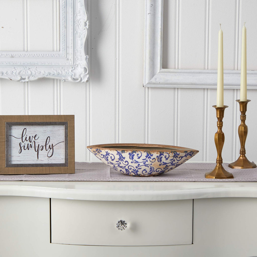 13in. Tuscan Ceramic Blue Scroll Decorative Bowl