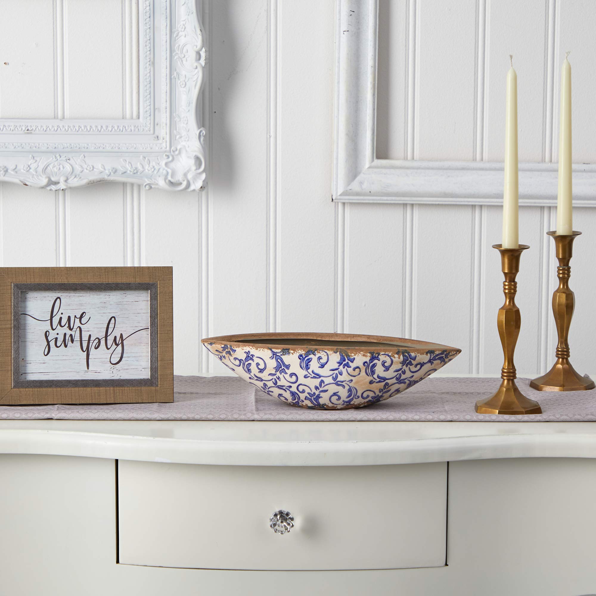 13in. Tuscan Ceramic Blue Scroll Decorative Bowl