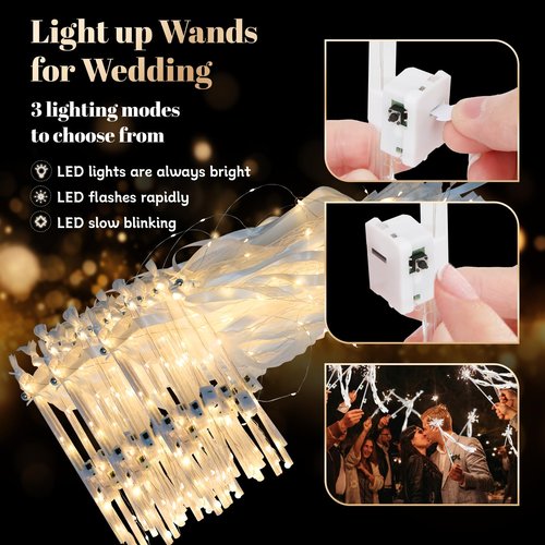 50 PCS Wedding Wands with Ribbons & Bells, Romantic Sparkle with Three Light Modes, Light up Wands for Wedding Send off, New Year, Birthday Party, Parties, and Celebrations