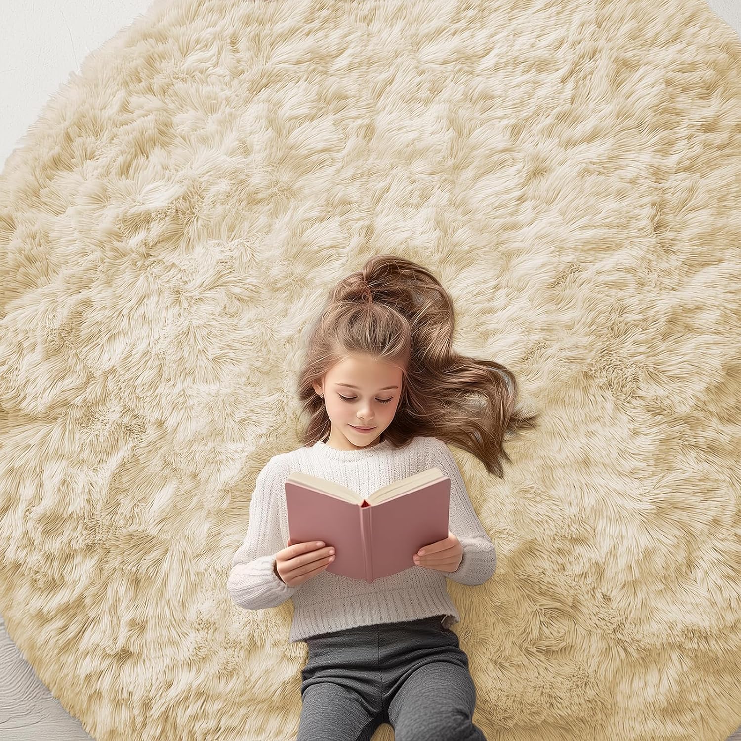 OLANLY Round Cream Area Rug - Soft, Fluffy, Machine Washable 6 ft Circle Carpet for Bedroom & Living Room Decor