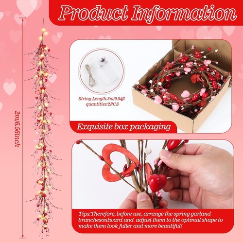 6.5 Ft Valentine's Day Garland Red Pink White Berry Heart Garland with LED Lights Artificial Vine for Valentines Wedding Anniversary Fireplace Mantel Table Home Wall Indoor Party Decor