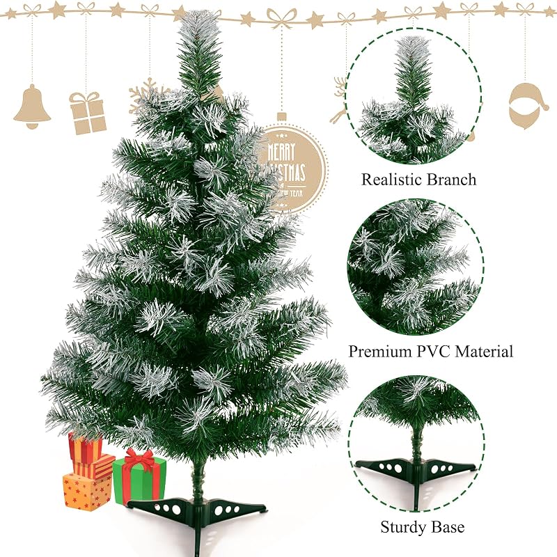 2Ft Green Tabletop Christmas Tree with Snow-Focked Tips & Plastic Stand - 24in Mini Xmas Pine
