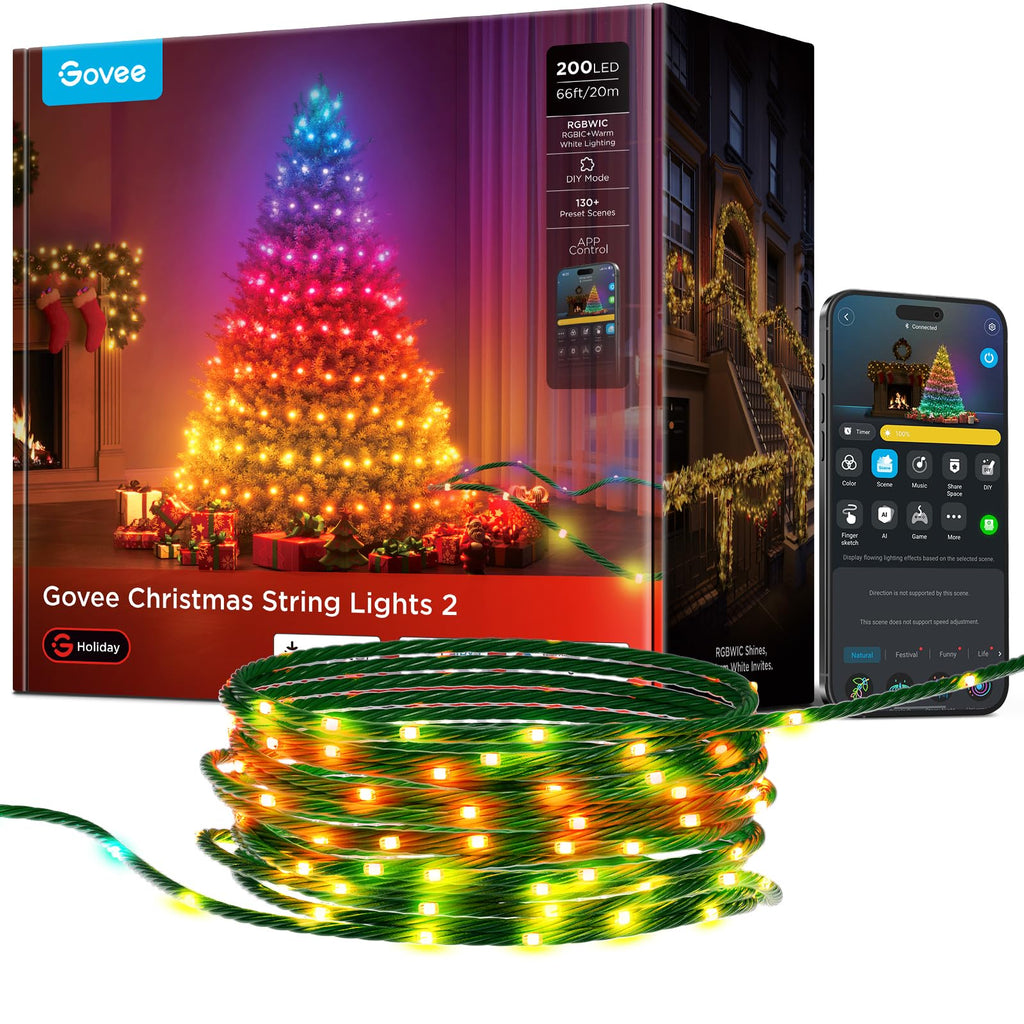 Govee Christmas Lights 2, RGBWIC 66FT 200LEDs Holiday String Lights with Shape Mapping Function, Smart LED Decoration for Indoor Outdoor Tree, 130+ Preset Scenes, Voice and APP Control, Green Wire
