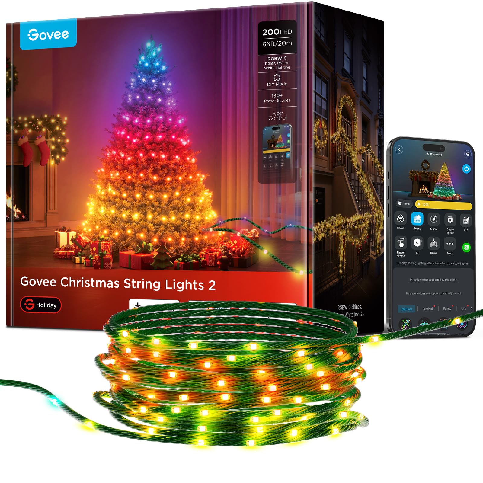 Govee Christmas Lights 2, RGBWIC 66FT 200LEDs Holiday String Lights with Shape Mapping Function, Smart LED Decoration for Indoor Outdoor Tree, 130+ Preset Scenes, Voice and APP Control, Green Wire