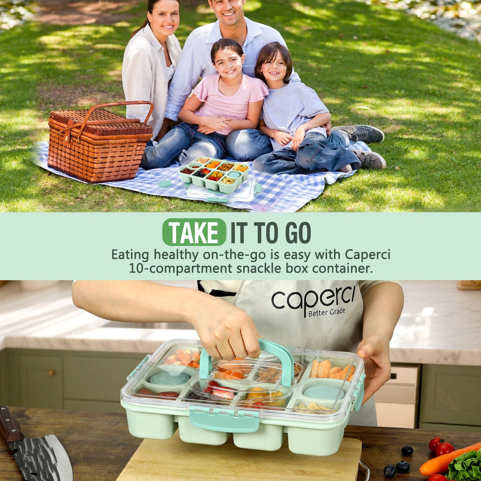 Caperci Original Snackle Box Container - 10-Compartment Divided Snack Serving Tray with Lid & Handle, Built-in 2 Dressing Containers, Leak-Proof, Dishwasher Safe, BPA-Freen (Mint Green)