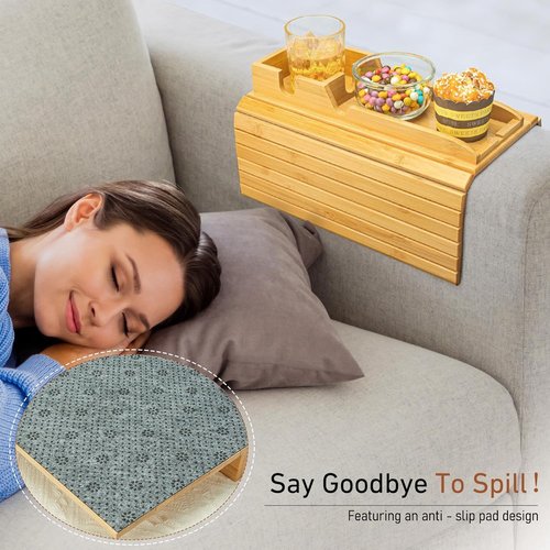 Yoshiky Bamboo Couch Armrest Table, Couch Arm Tray with Removable Couch Cup Holder, 2 in 1 Design Foldable Anti-Slip Bamboo Couch Tray and Sofa Cup Holder for Drink